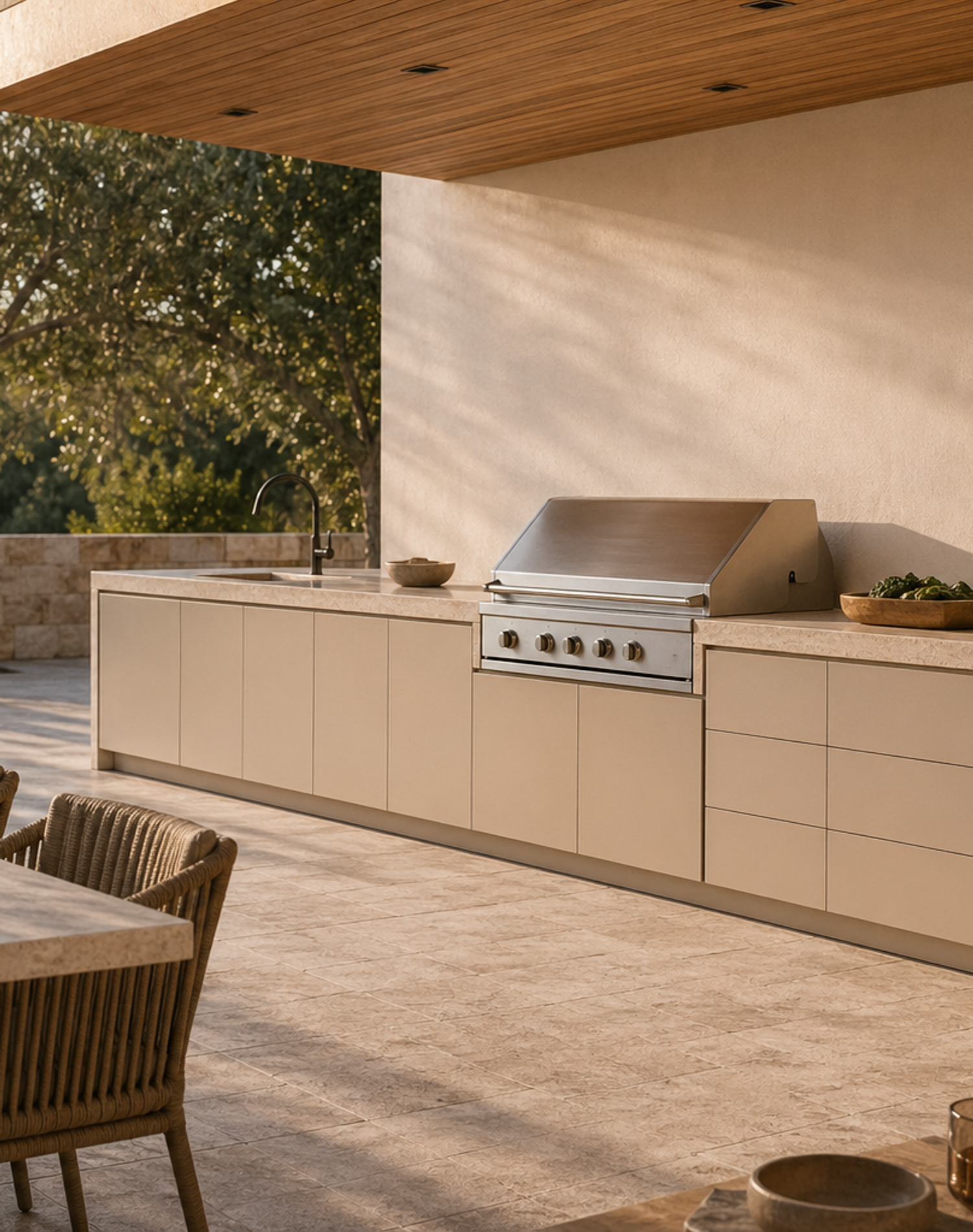 Fadior Horizon Outdoor Kitchen Suite with Travertine Courtyard Grill Line — lifestyle setting with natural light and residential styling
