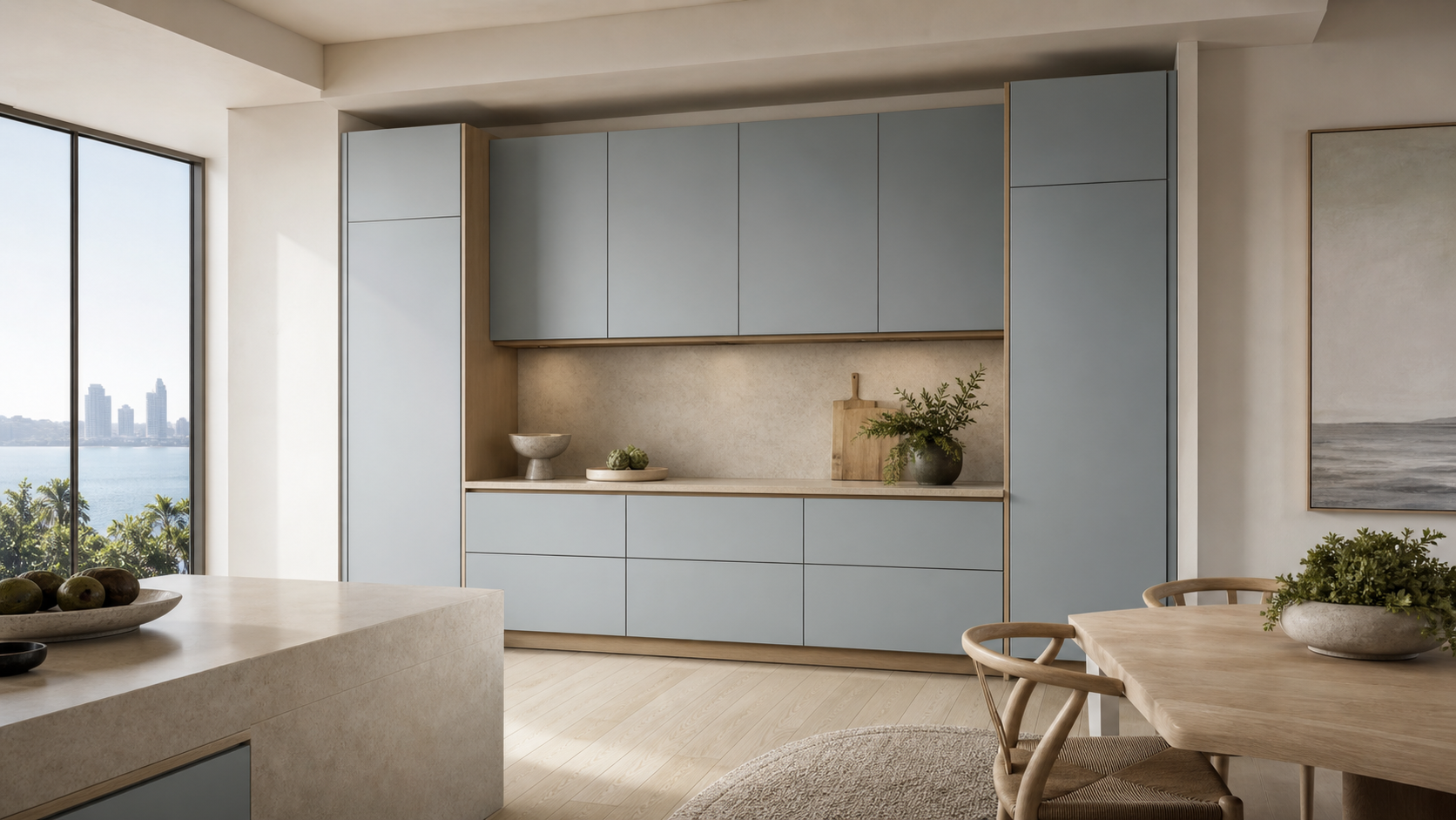 Fadior Meridian Kitchen Suite with Tidal Pantry Bridge — lifestyle setting with natural light and residential styling