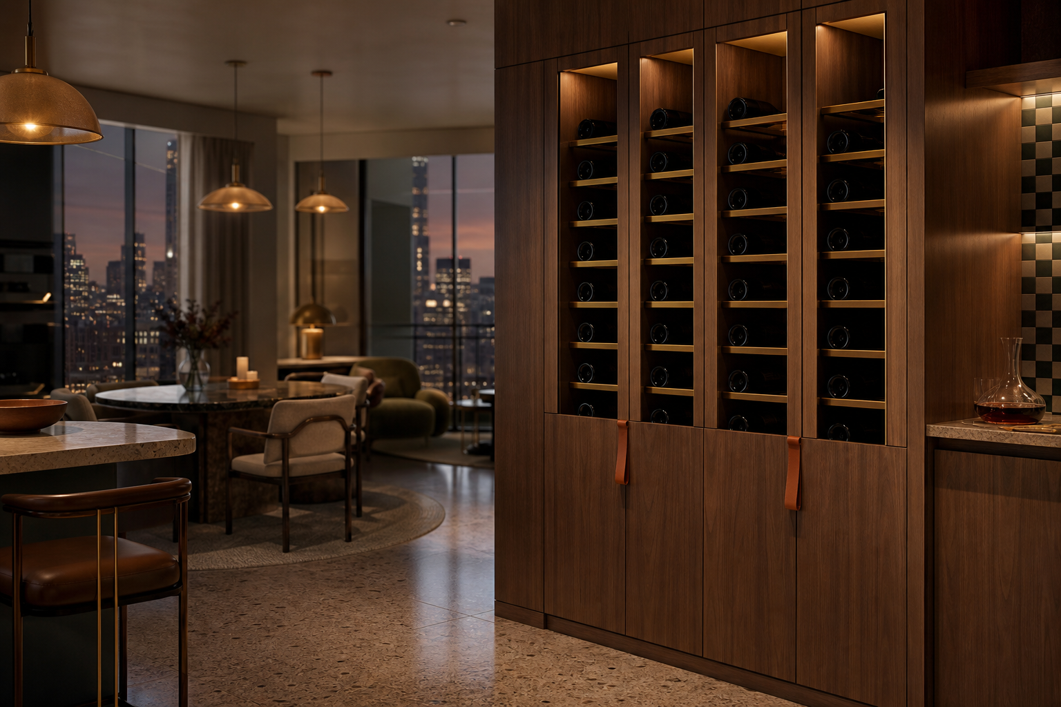 Fadior Gloria Wine Cabinet with Amber Cellar Service Wall - built-in stainless steel wine cabinet with bottle display, glass-front storage, lighting, and closed reserve storage