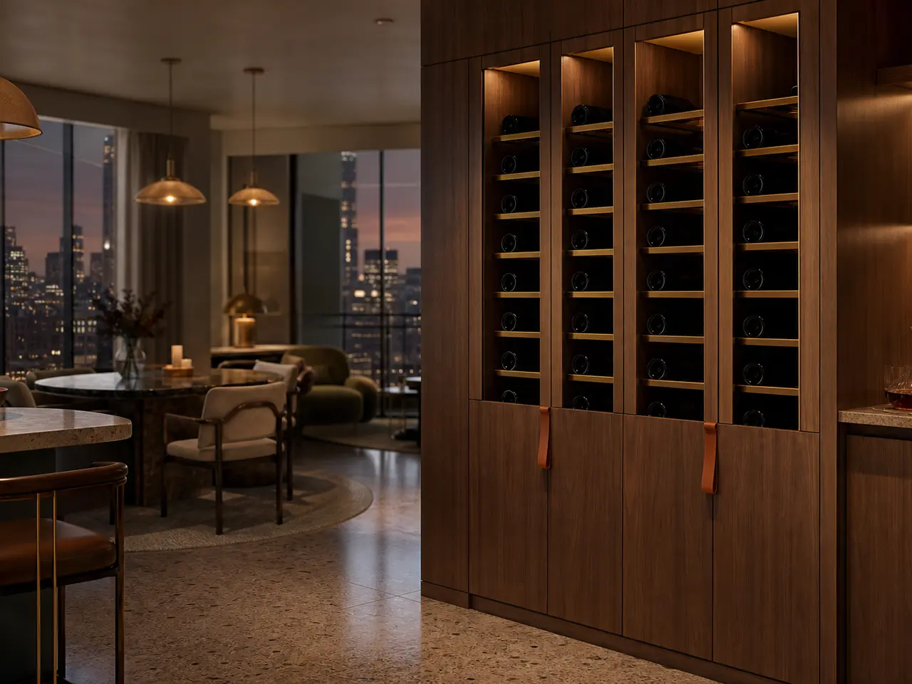 Fadior Gloria Wine Cabinet with Amber Cellar Service Wall - built-in stainless steel wine cabinet with bottle display, glass-front storage, lighting, and closed reserve storage
