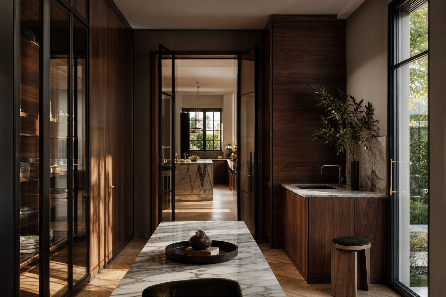 Fadior Milan 650 sqm Kitchen Villa — pantry cabinet, marble counter, oak parquet, glass door, tray stool
