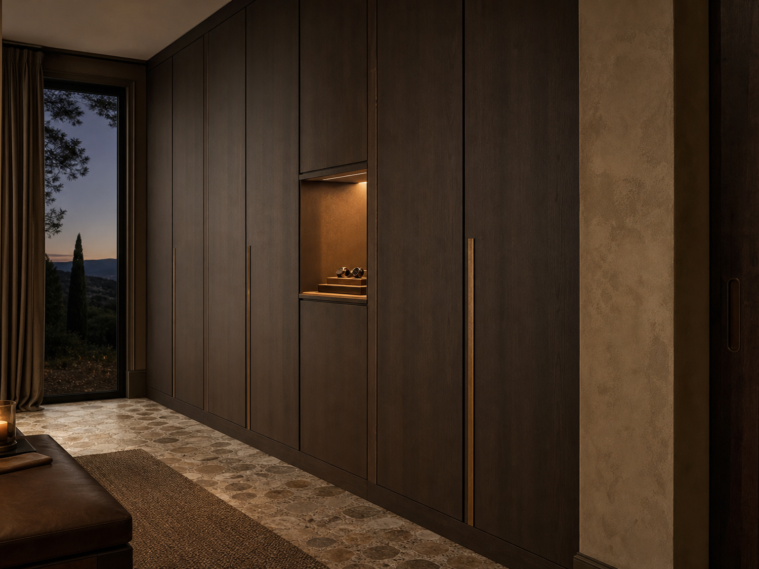 Fadior Voyage Wardrobe Suite with Recessed Watch Niche Wall — interior room context showing cabinet integration
