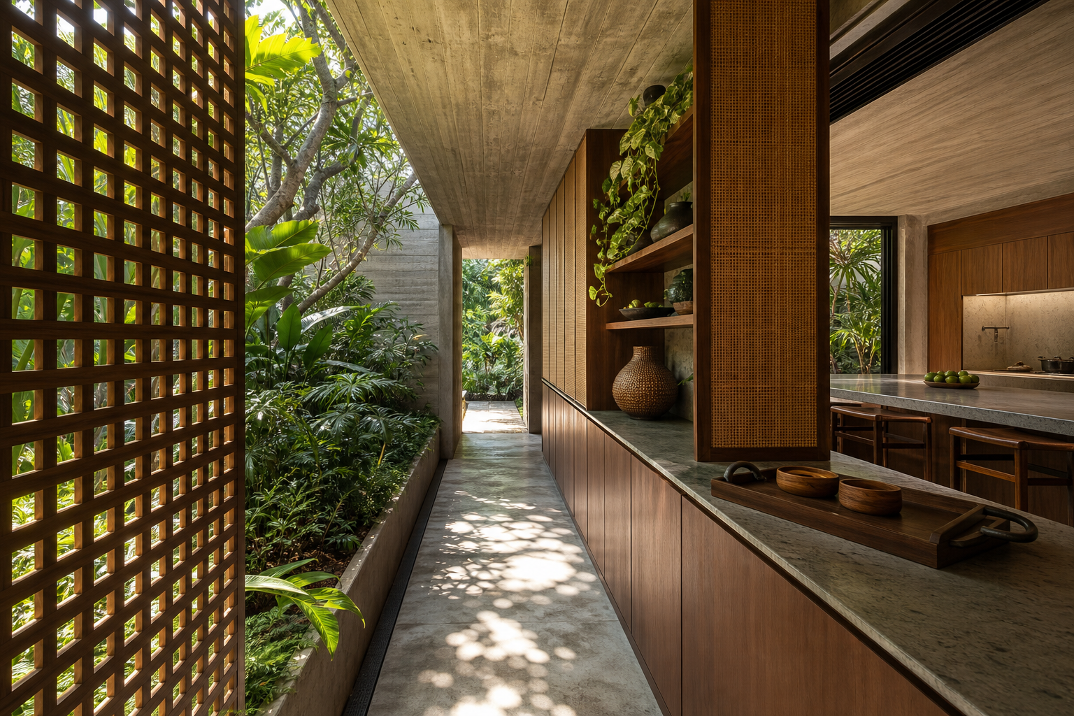 Fadior Hong Kong Garden Courtyard Villa — Hong Kong outdoor galley with covered cabinet wall, stone counter, timber shelves,