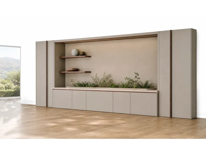 Fadior Zenith Living Room Suite with Courtyard Planter Media Niche — 304 stainless steel living room system, front view
