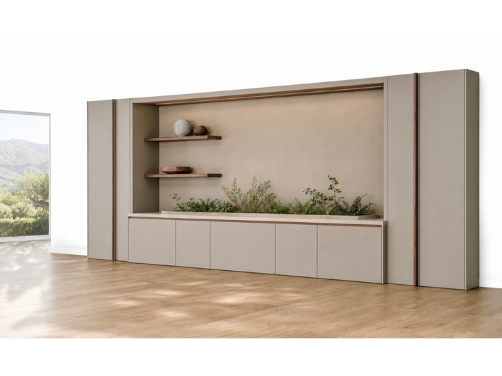 Fadior Zenith Living Room Suite with Courtyard Planter Media Niche — 304 stainless steel living room system, front view