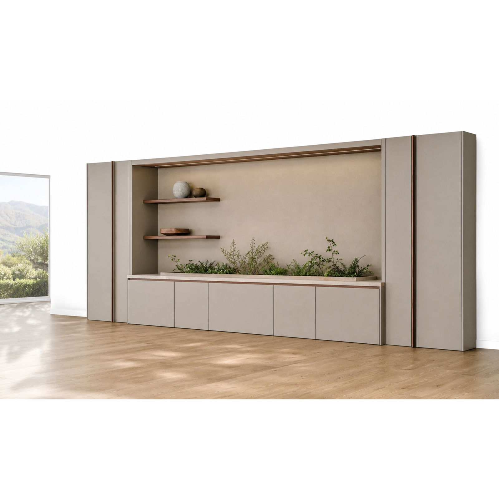 Suite Zenith para salón con nicho de medios y jardinera de patio vista principal