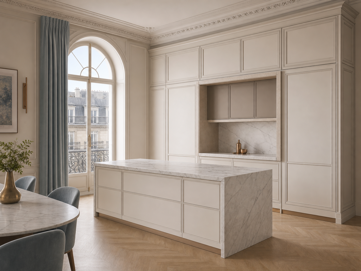Fadior Silkstone Kitchen Suite with Limestone Dish Pass Window — interior room context showing cabinet integration