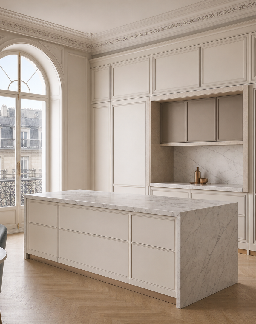 Fadior Silkstone Kitchen Suite with Limestone Dish Pass Window — interior room context showing cabinet integration