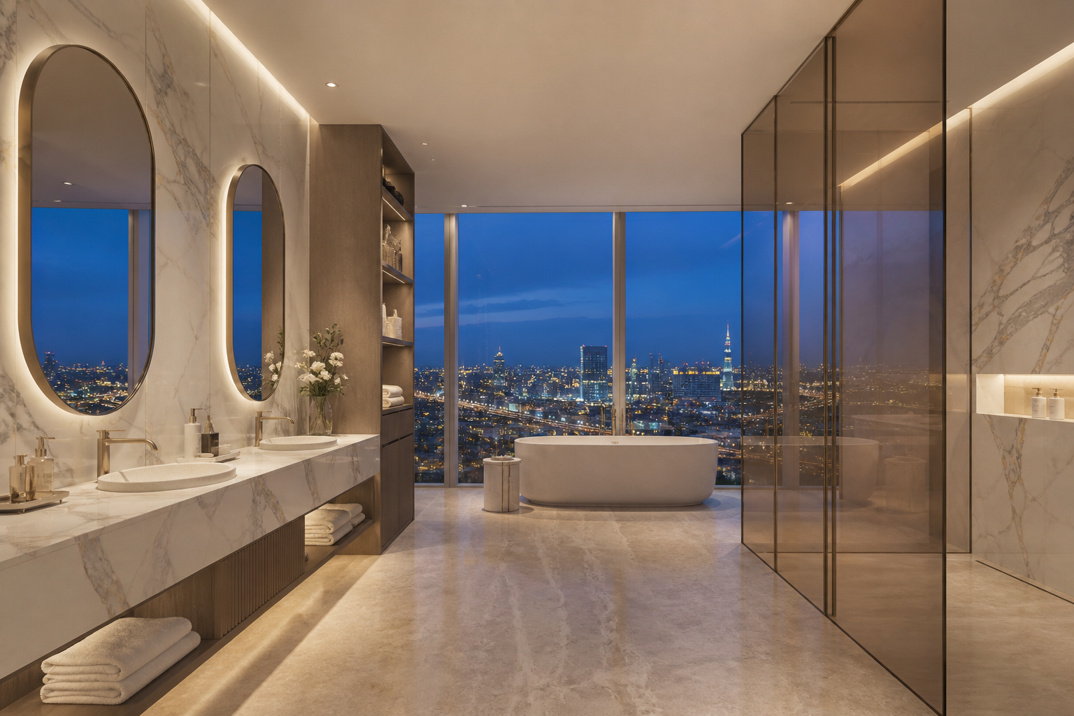 Fadior Dubai Penthouse Water Ritual Kitchen — Double marble vanity, oval mirrors, folded towels, freestanding bath,
