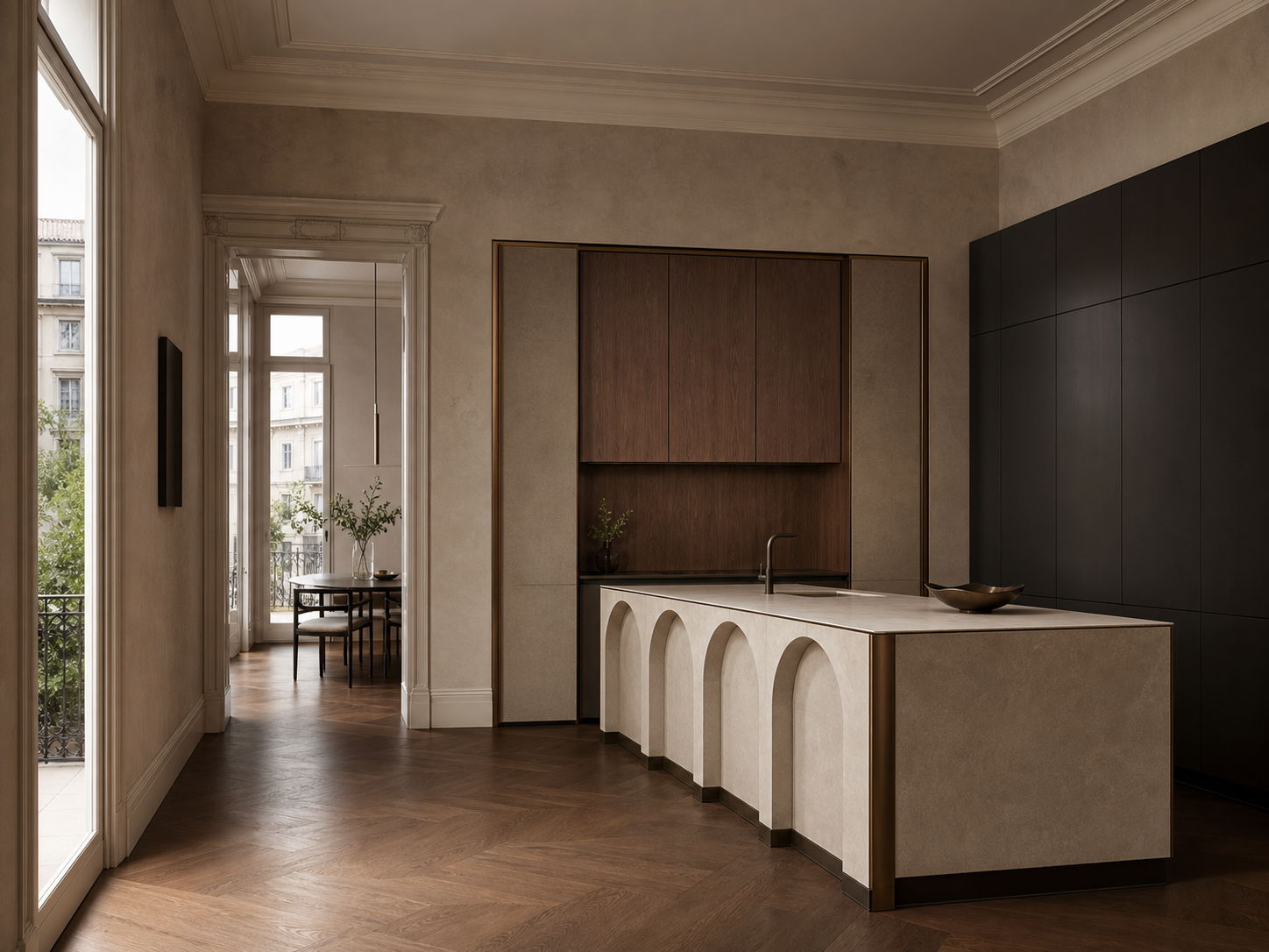 Fadior Meridian Kitchen Suite with Servery Window Island Arcade — interior room context showing cabinet integration