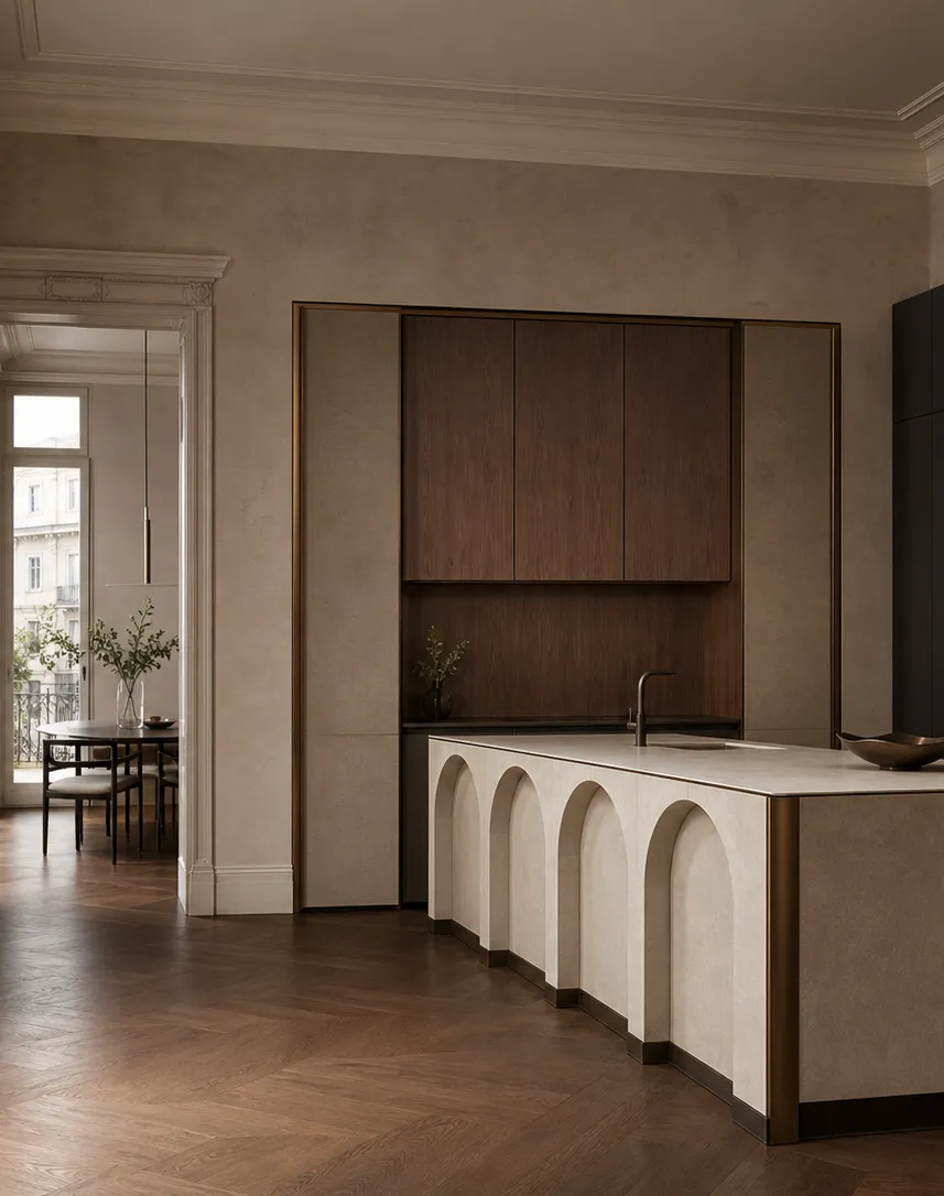 Fadior Meridian Kitchen Suite with Servery Window Island Arcade — interior room context showing cabinet integration
