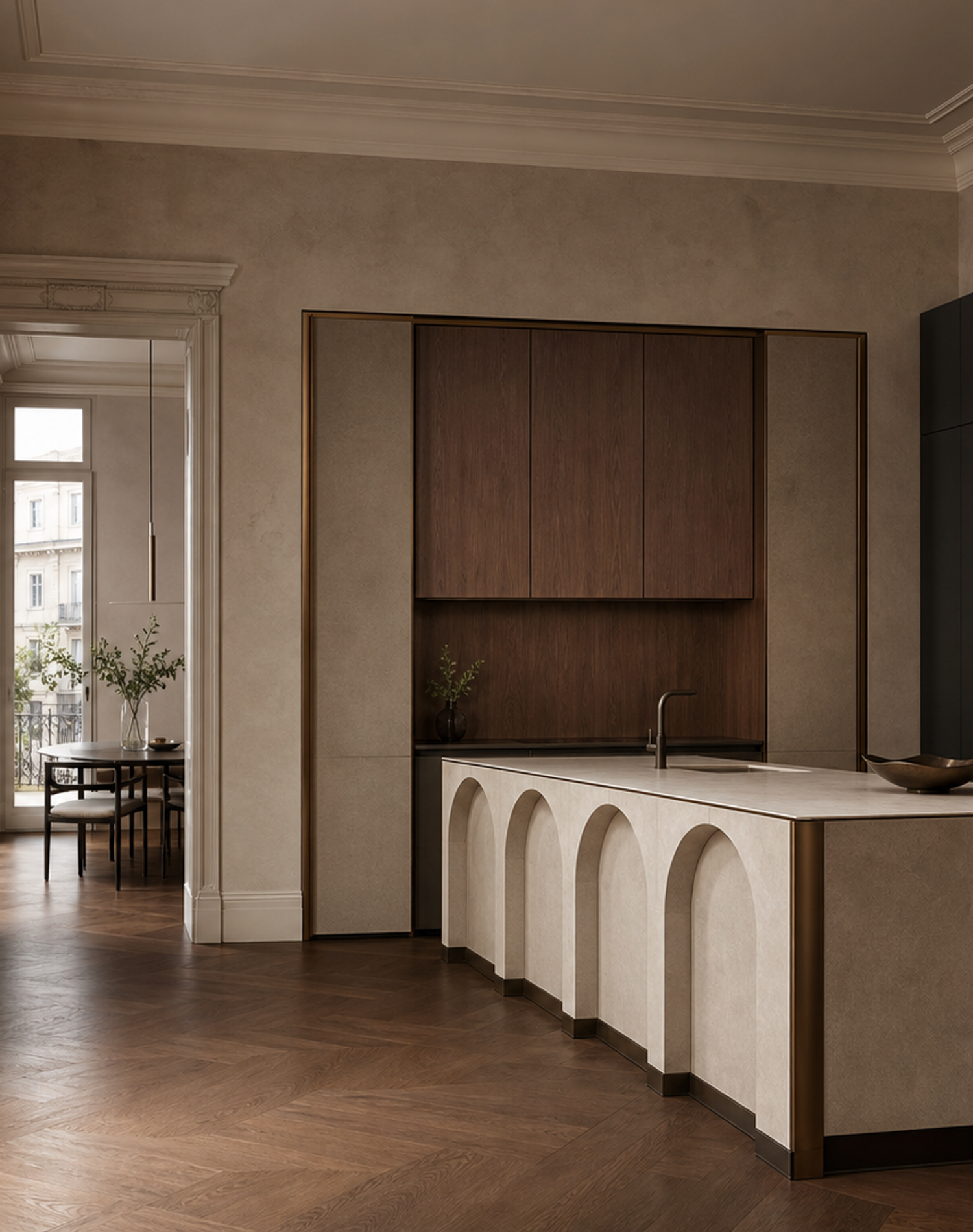 Fadior Meridian Kitchen Suite with Servery Window Island Arcade — interior room context showing cabinet integration