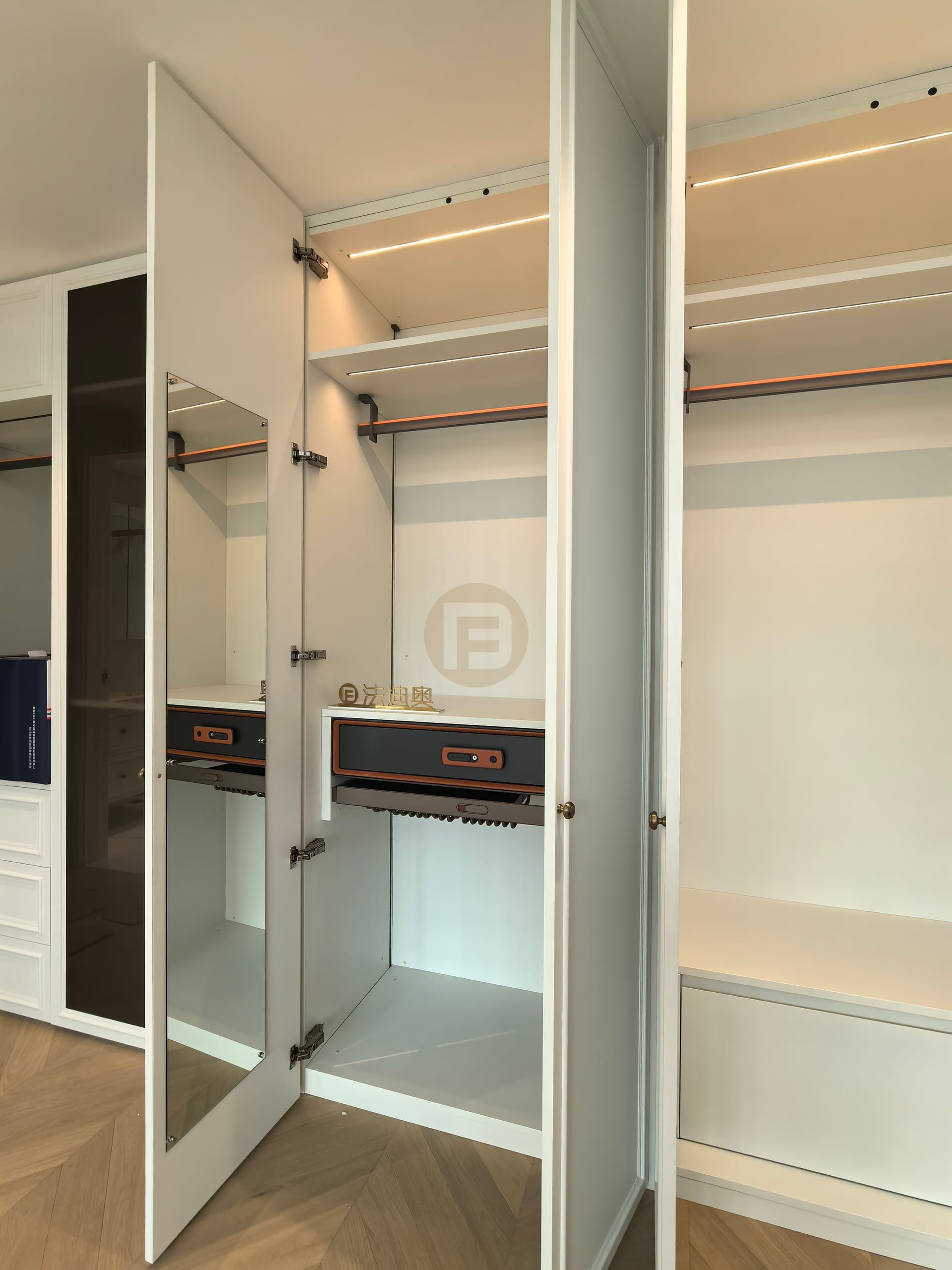 Wardrobe interior with mirrored dressing door, LED-lit rails and slim accessory drawers