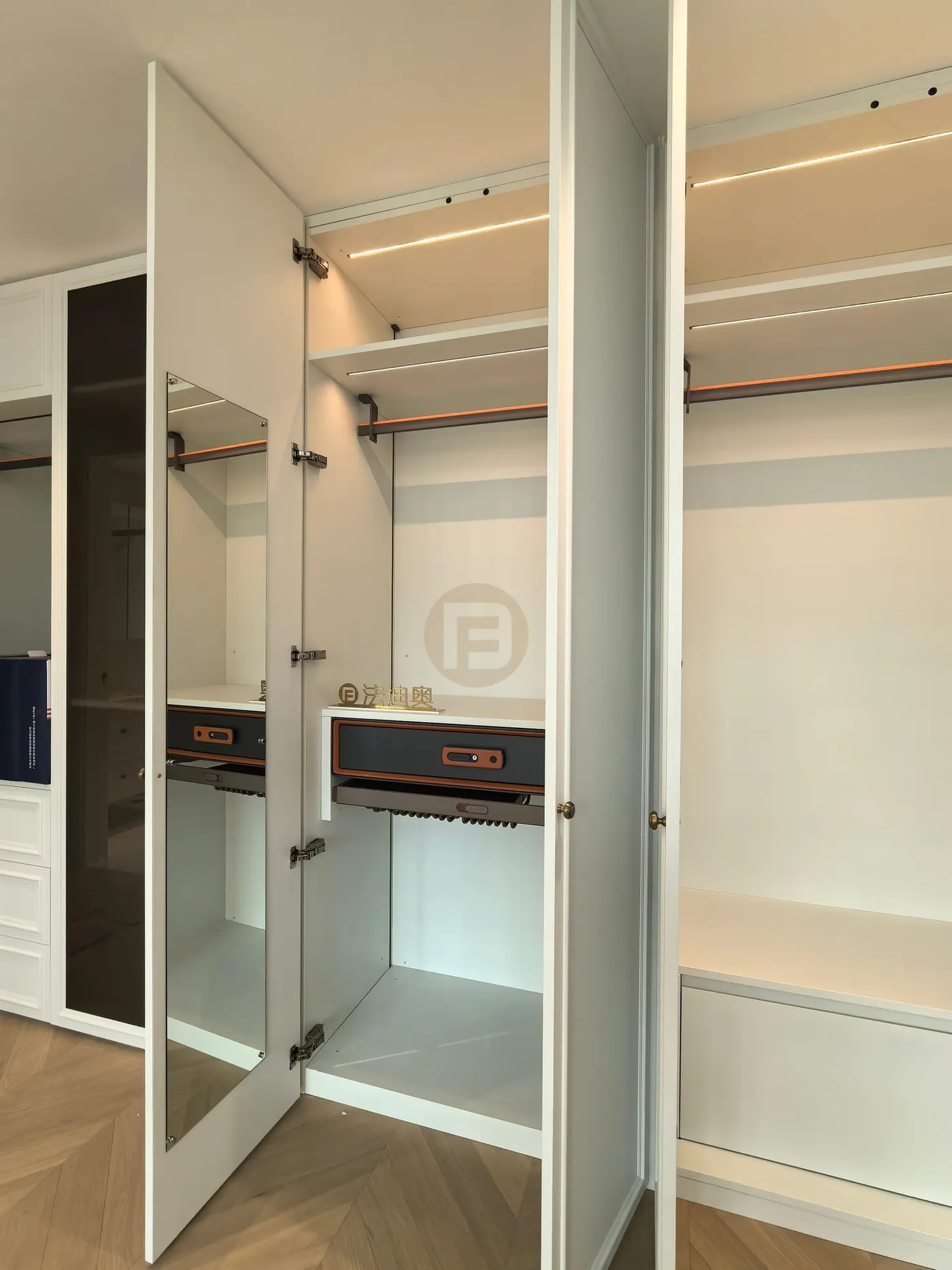 Wardrobe interior with mirrored dressing door, LED-lit rails and slim accessory drawers