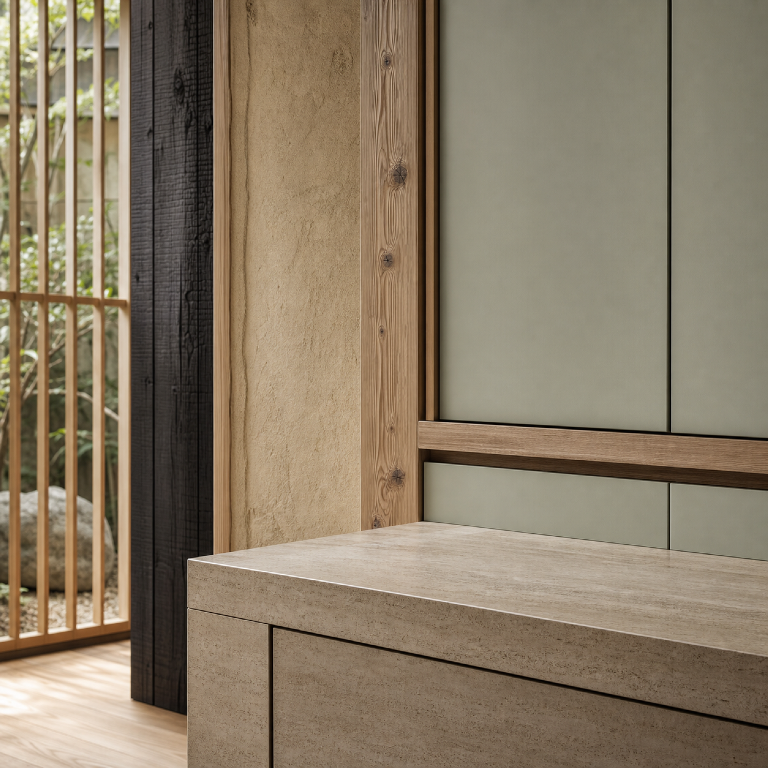 Fadior Forge Kitchen Suite with Pale Sage Chef Wall — close-up of stainless steel finish and hardware detail