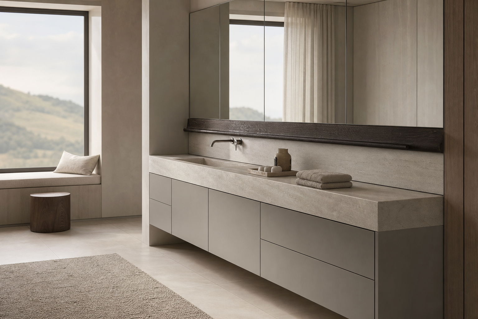 Fadior Voyage Bath Vanity Suite with Obsidian Wash Lintel — lifestyle setting with natural light and residential styling