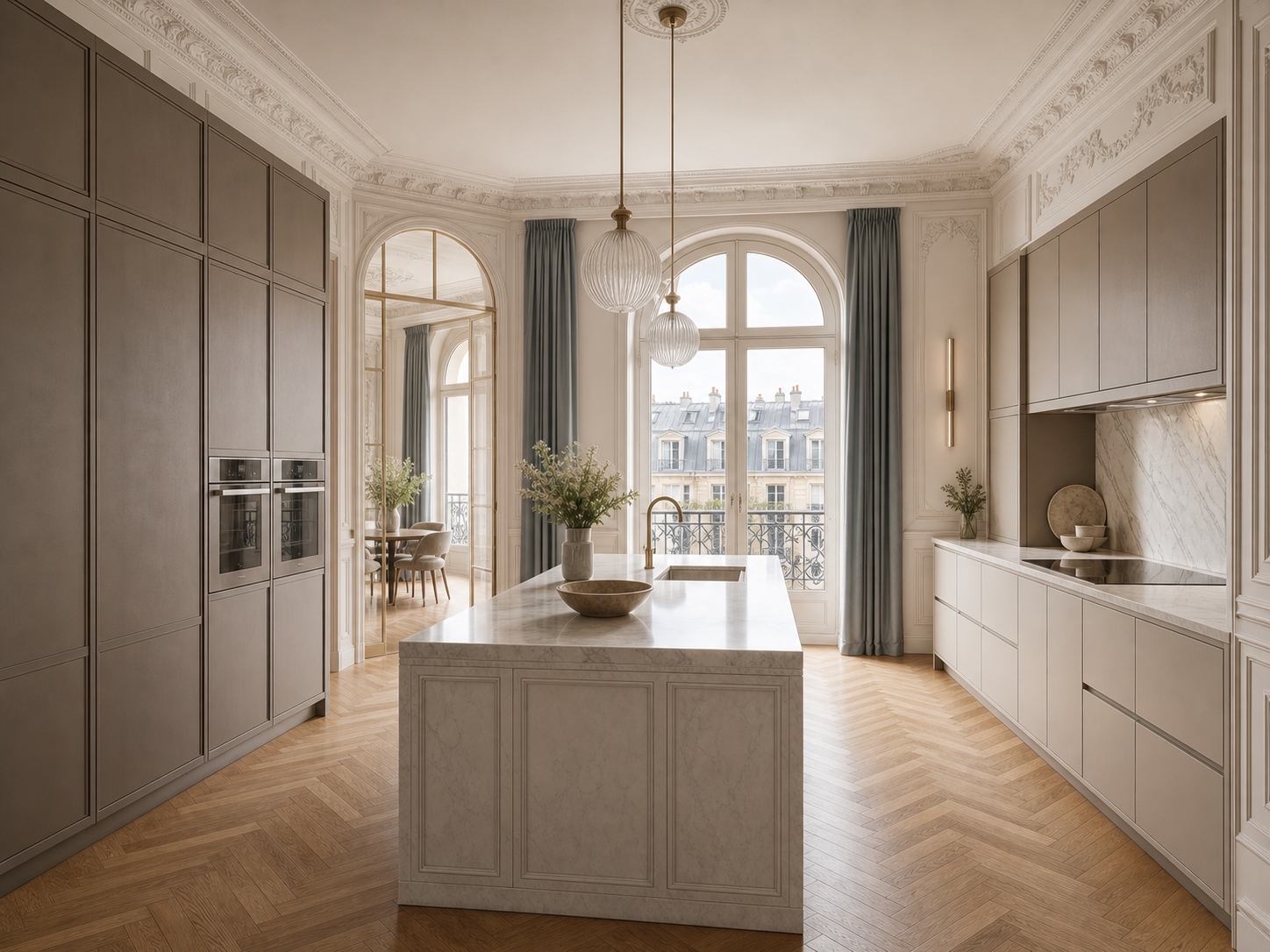 Fadior Meridian Cabinets Kitchen Suite with Courtyard Prep Spine — interior room context showing cabinet integration