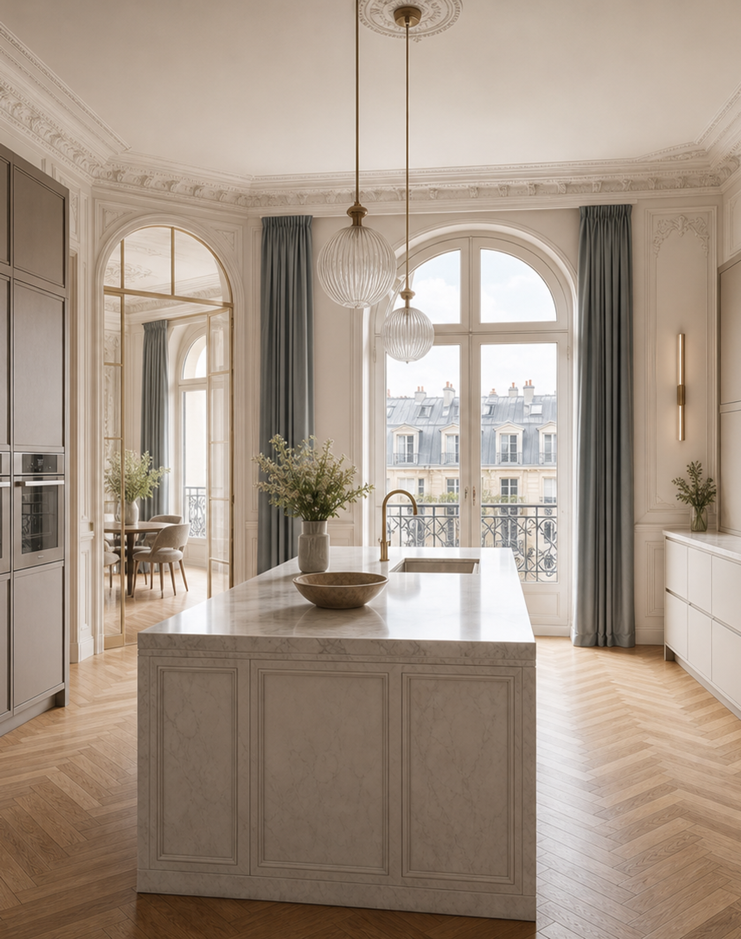 Fadior Meridian Cabinets Kitchen Suite with Courtyard Prep Spine — interior room context showing cabinet integration