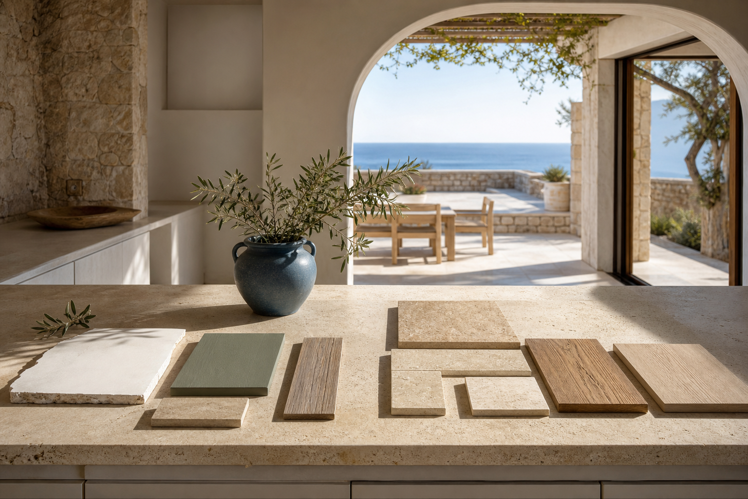 Stone villa comparison scene with blue ceramic and wood boards for kitchen finish decisions.