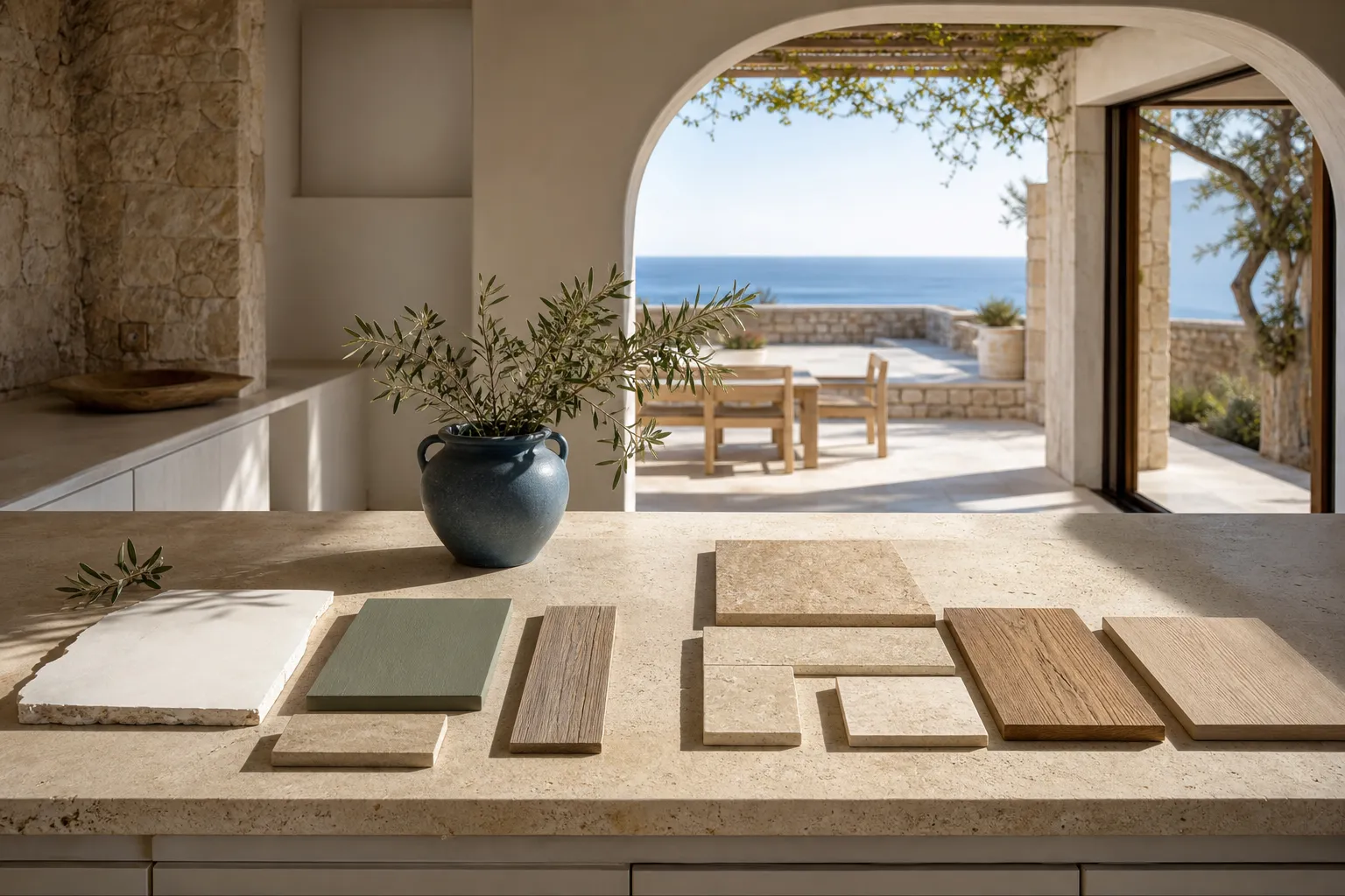 Stone villa comparison scene with blue ceramic and wood boards for kitchen finish decisions.