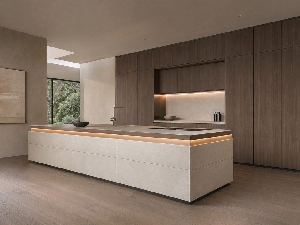 Fadior Pavilion Kitchen Suite with Integrated Light Band Island — 304 stainless steel kitchen system, front view