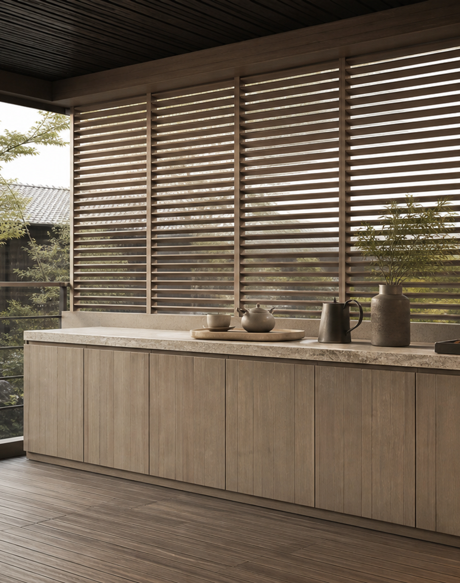 Fadior Soleil Balcony Suite with Breeze Louver Utility Console — lifestyle setting with natural light and residential styling