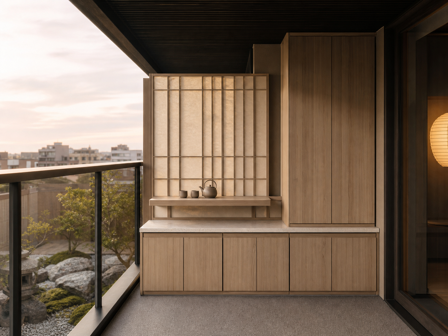 Conjunto de balcón Soleil con Parchment Tea Screen Perch perspectiva interior