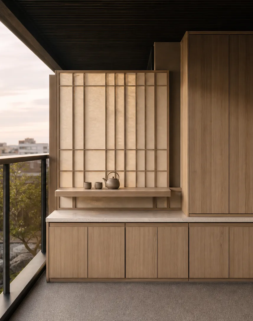 Conjunto de balcón Soleil con Parchment Tea Screen Perch perspectiva interior