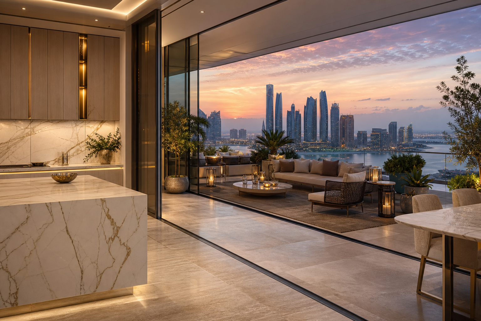 Fadior Abu Dhabi Skyline Penthouse — balcony lounge, kitchen island, skyline terrace, glass door