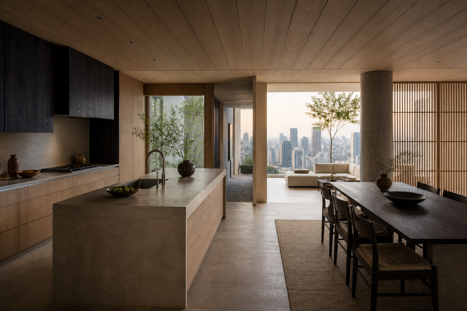 Fadior Tokyo 180 sqm Kitchen Penthouse — kitchen island, dining table, lounge chairs, wood screen, city window