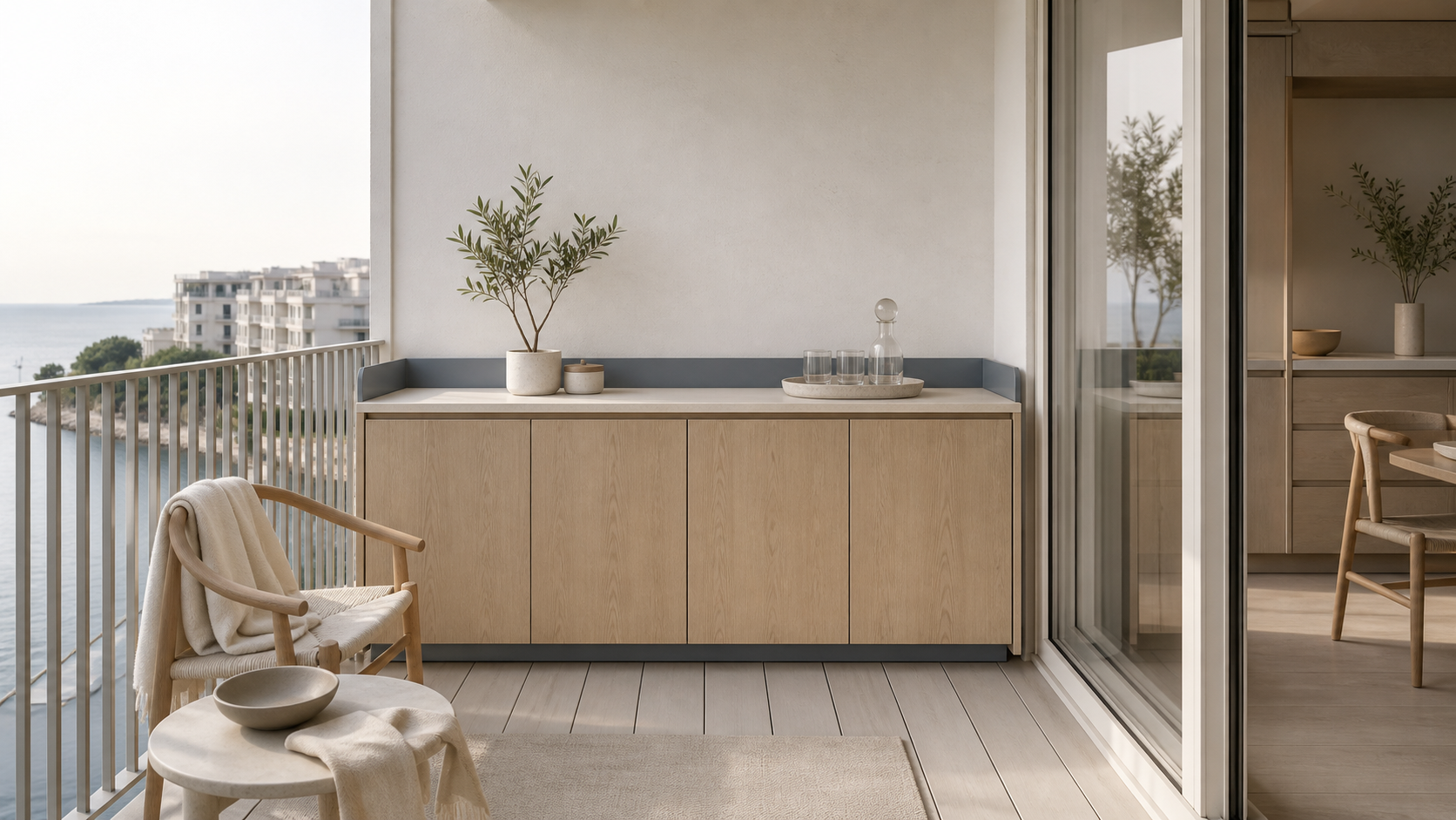 Fadior Dusk Balcony Suite with Blond Ash Aperitif Bench — lifestyle setting with natural light and residential styling