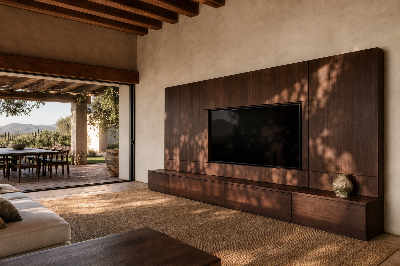 Fadior Veneto Living Room Suite with Lime Plaster Audio Plinth — 304 stainless steel living room system, front view
