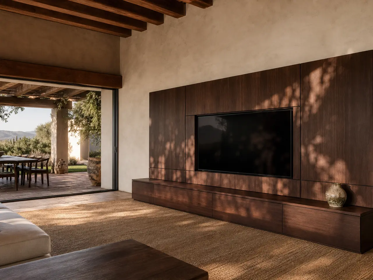 Fadior Veneto Living Room Suite with Lime Plaster Audio Plinth — 304 stainless steel living room system, front view