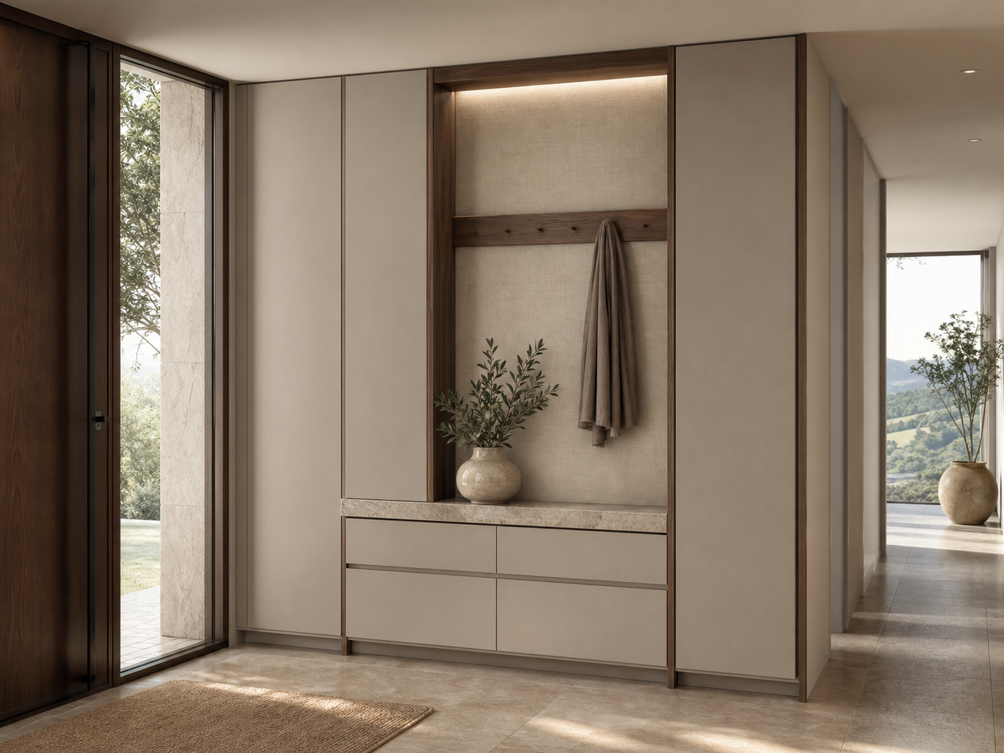 Fadior Savile Entryway Suite with Brushed Pivot Cloak Gallery — interior room context showing cabinet integration