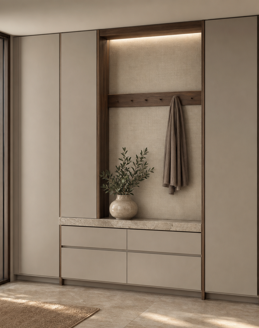 Fadior Savile Entryway Suite with Brushed Pivot Cloak Gallery — interior room context showing cabinet integration