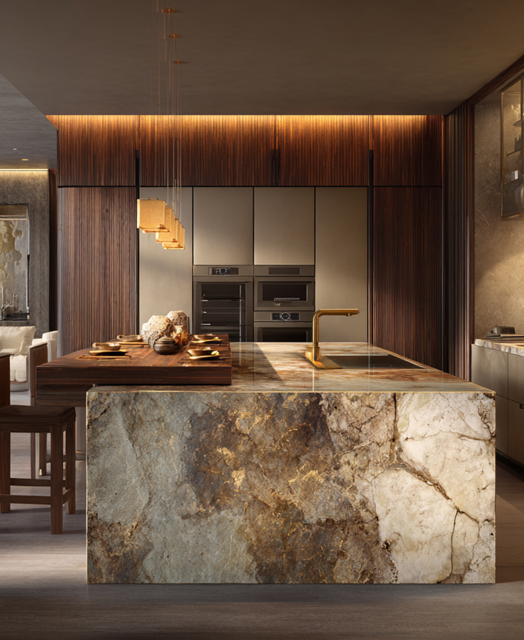 Luxurious dark-toned kitchen with rose-gold veined marble island, deep walnut cabinetry, backlit glass wine display wall, and warm pendant lighting