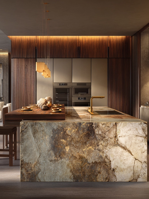 Luxurious dark-toned kitchen with rose-gold veined marble island, deep walnut cabinetry, backlit glass wine display wall, and warm pendant lighting