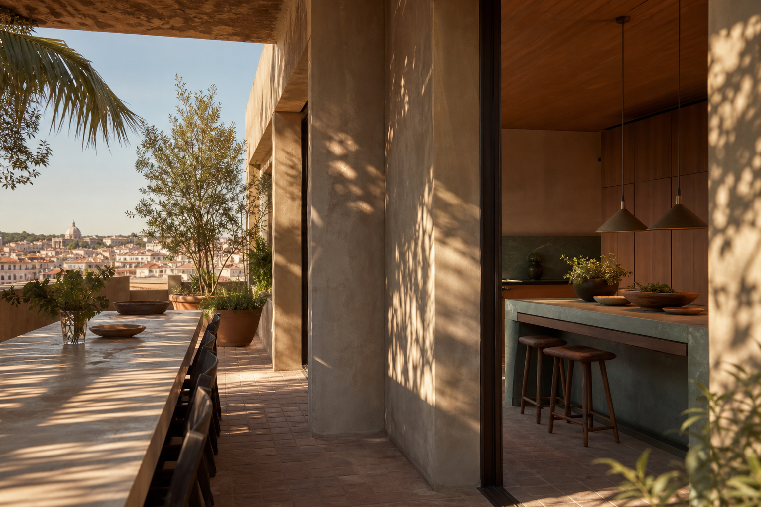 Fadior Lisbon 220 sqm Kitchen Penthouse — dining table, island, olive tree, window light