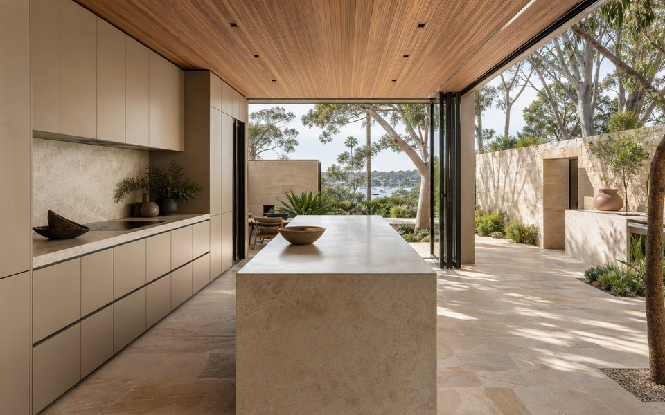 Fadior Sydney Garden Courtyard Villa — cabinet wall, stone island, timber ceiling, sandstone floor, eucalyptus courtyard, harbour view — 304 stainless steel cabinetry installation by Fadior