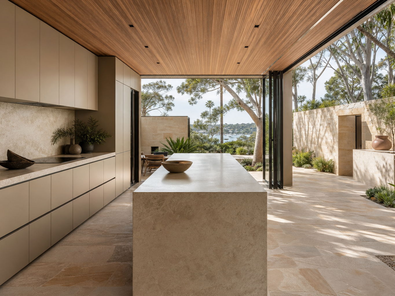 Fadior Sydney Garden Courtyard Villa — cabinet wall, stone island, timber ceiling, sandstone floor, eucalyptus courtyard, harbour view
