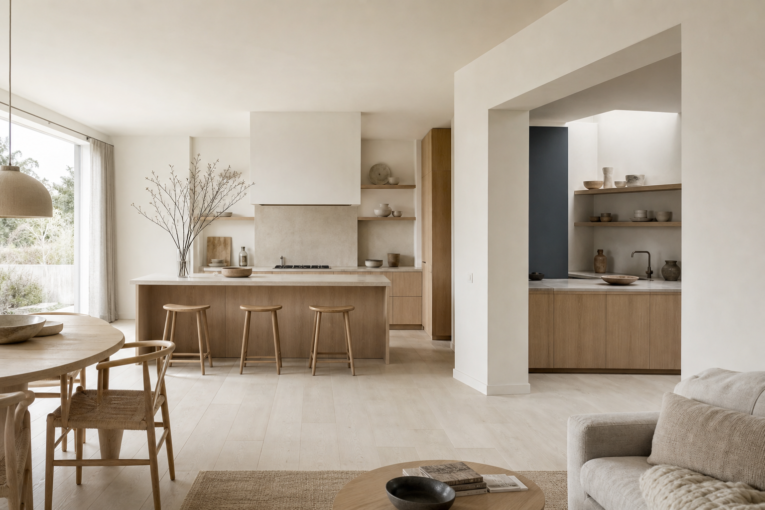 Open kitchen planning scene comparing a visible island zone with a tucked-away prep zone.