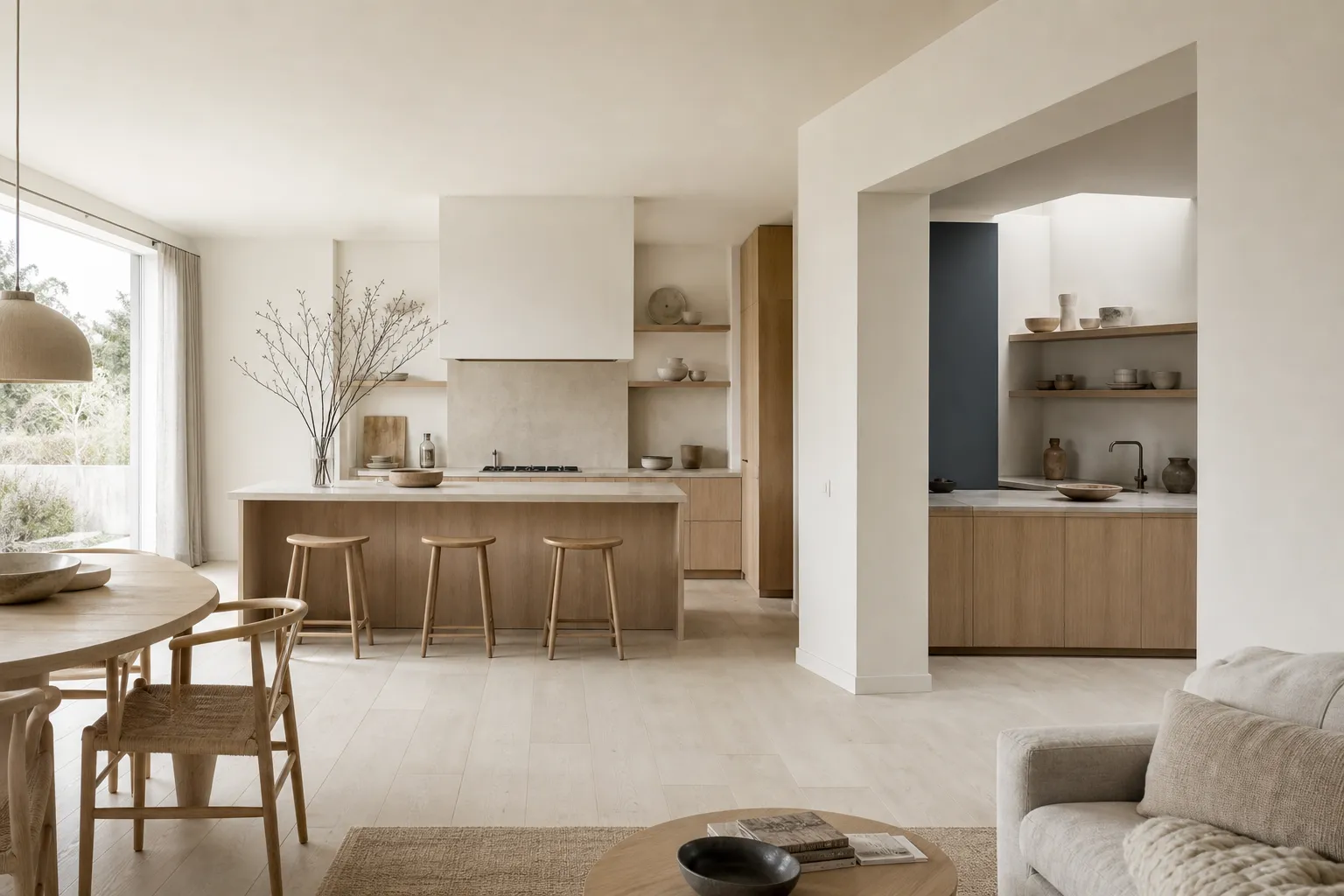 Open kitchen planning scene comparing a visible island zone with a tucked-away prep zone.