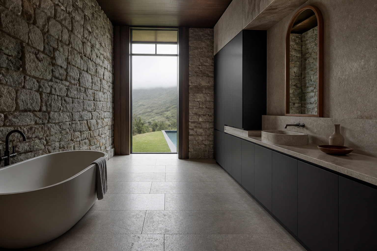 Fadior Alcove Bath and Vanity Suite with Tidepool Arch Basin — interior room context showing cabinet integration