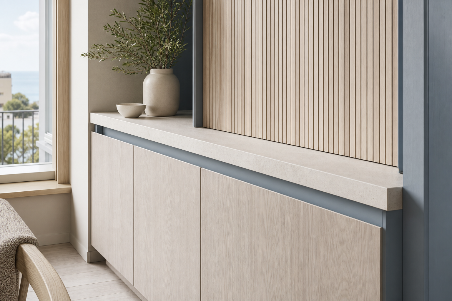 Fadior Aurora Balcony Suite with Tambour Breakfast Screen — close-up of stainless steel finish and hardware detail