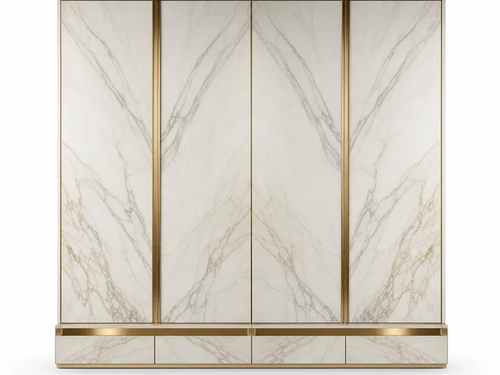 Fadior Elementum Wardrobe Suite with Calacatta Valet Plinth — 304 stainless steel wardrobe system, front view