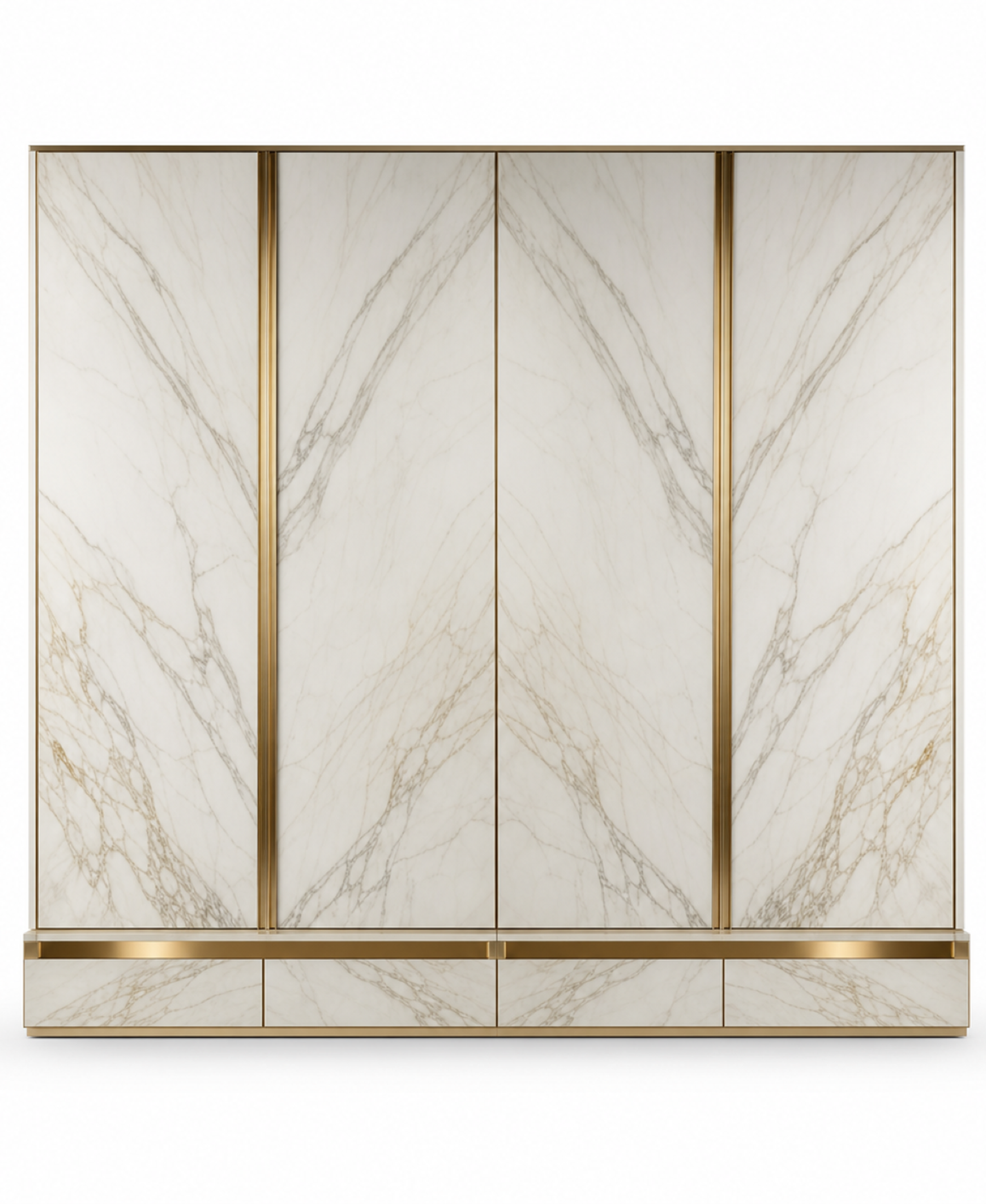 Fadior Elementum Wardrobe Suite with Calacatta Valet Plinth — 304 stainless steel wardrobe system, front view