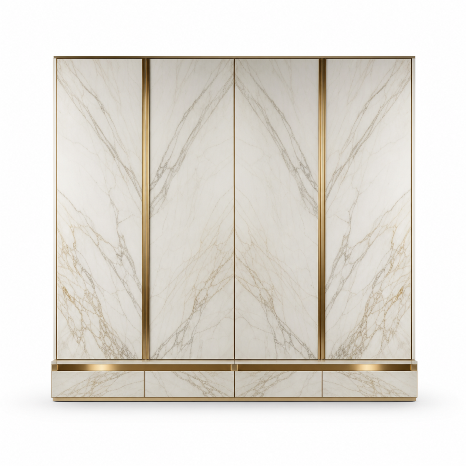 Fadior Elementum Wardrobe Suite with Calacatta Valet Plinth — 304 stainless steel wardrobe system, front view