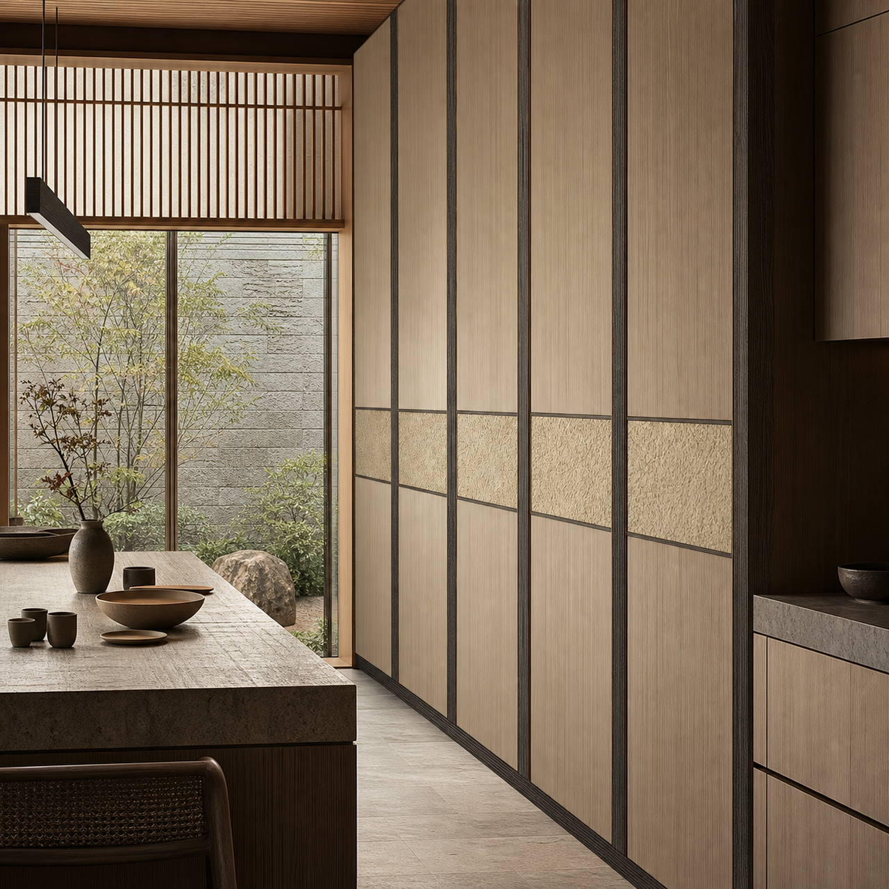 Fadior Terrazzo Wall Panel Suite with Silvered Service Inlay Wall — interior room context showing cabinet integration