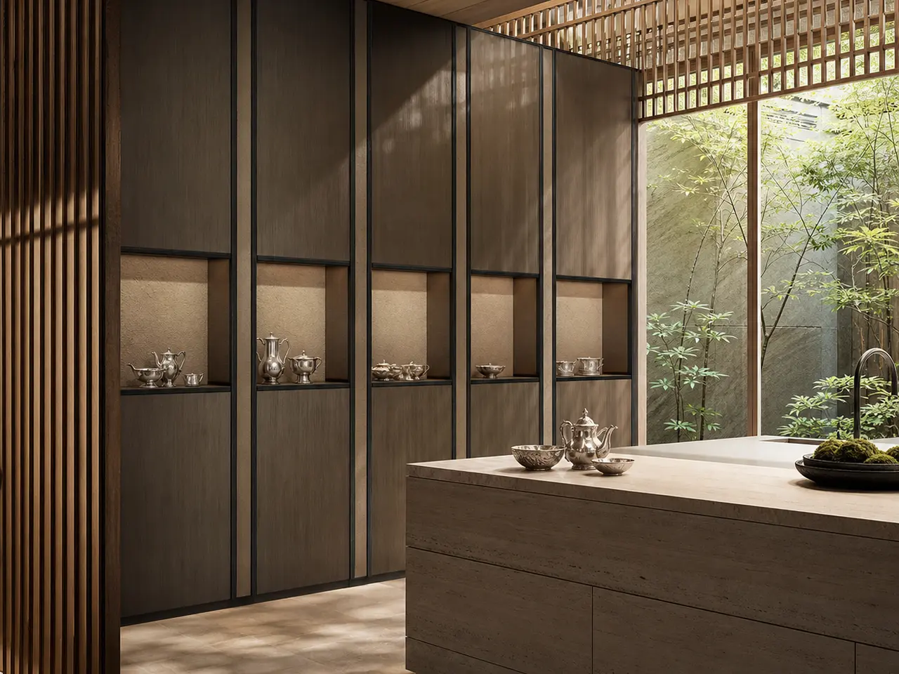 Fadior Terrazzo Wall Panel Suite with Silvered Service Inlay Wall - 304 stainless steel wall panel system with textured surfaces, shadow reveals, integrated lighting, and concealed doors