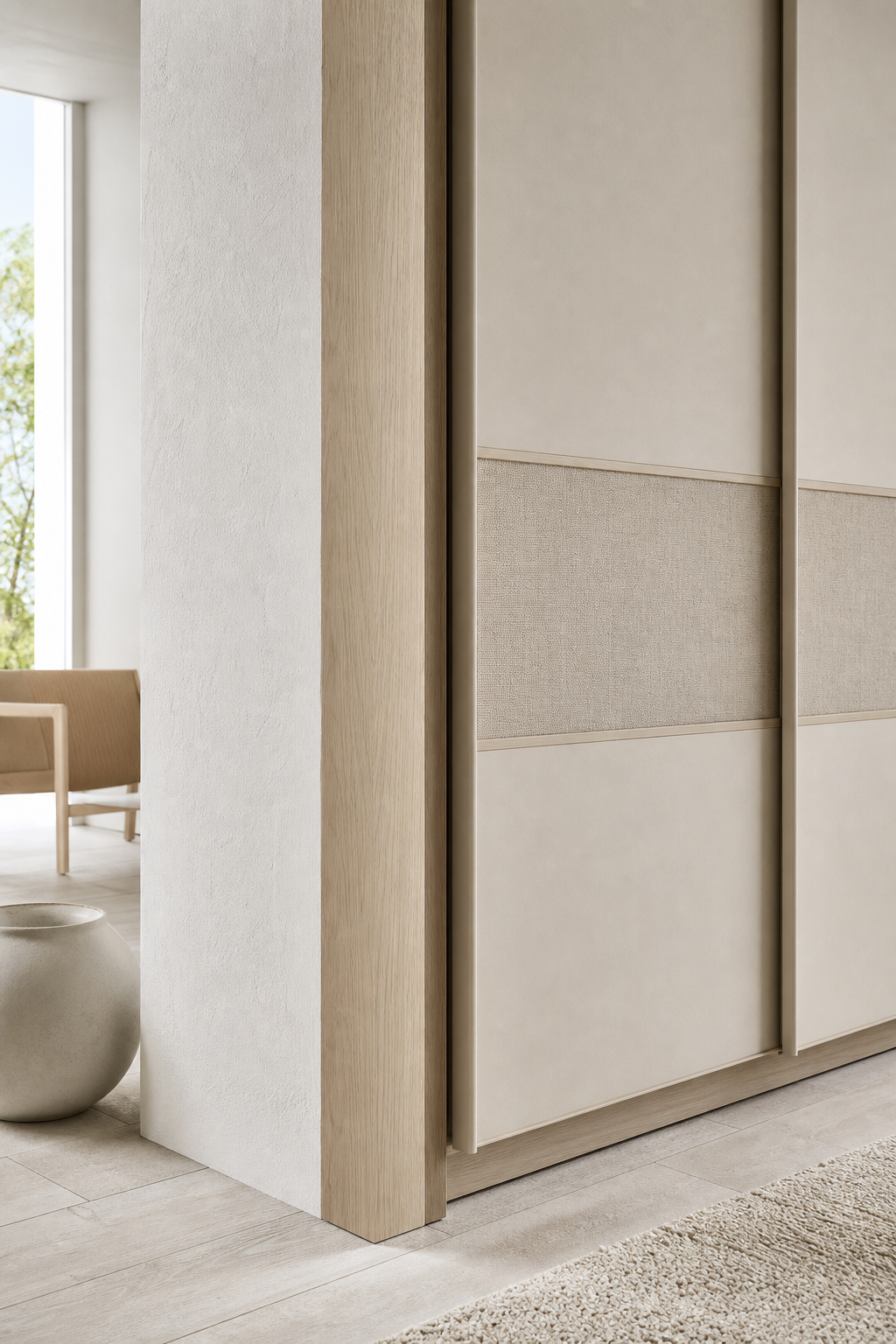 Fadior Elementum Wardrobe Suite with Talc Sliding Wardrobe Portal — close-up of stainless steel finish and hardware detail